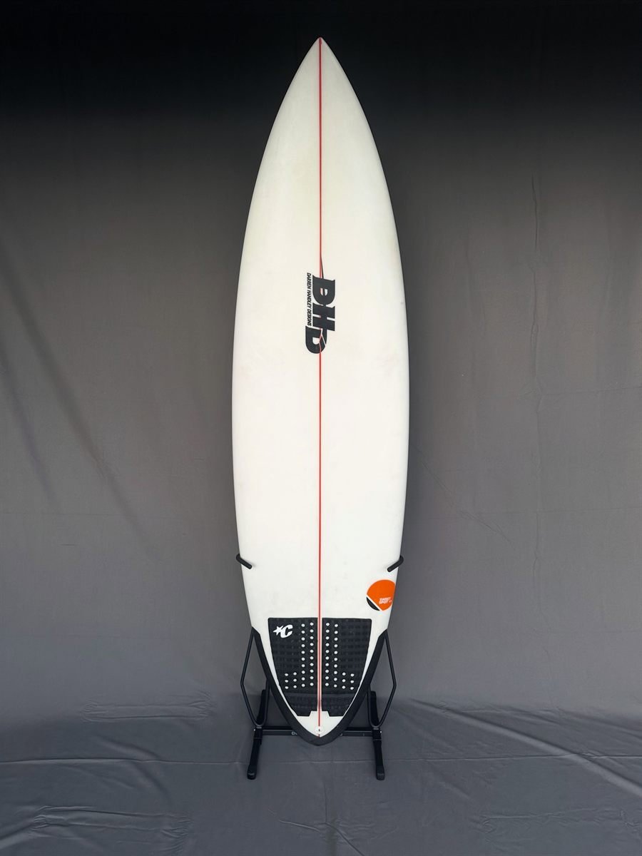 DHD Sweet Spot 2.0 surfboard after a completed fin box repair, on the rack at Lineup Supply Ocean Grove