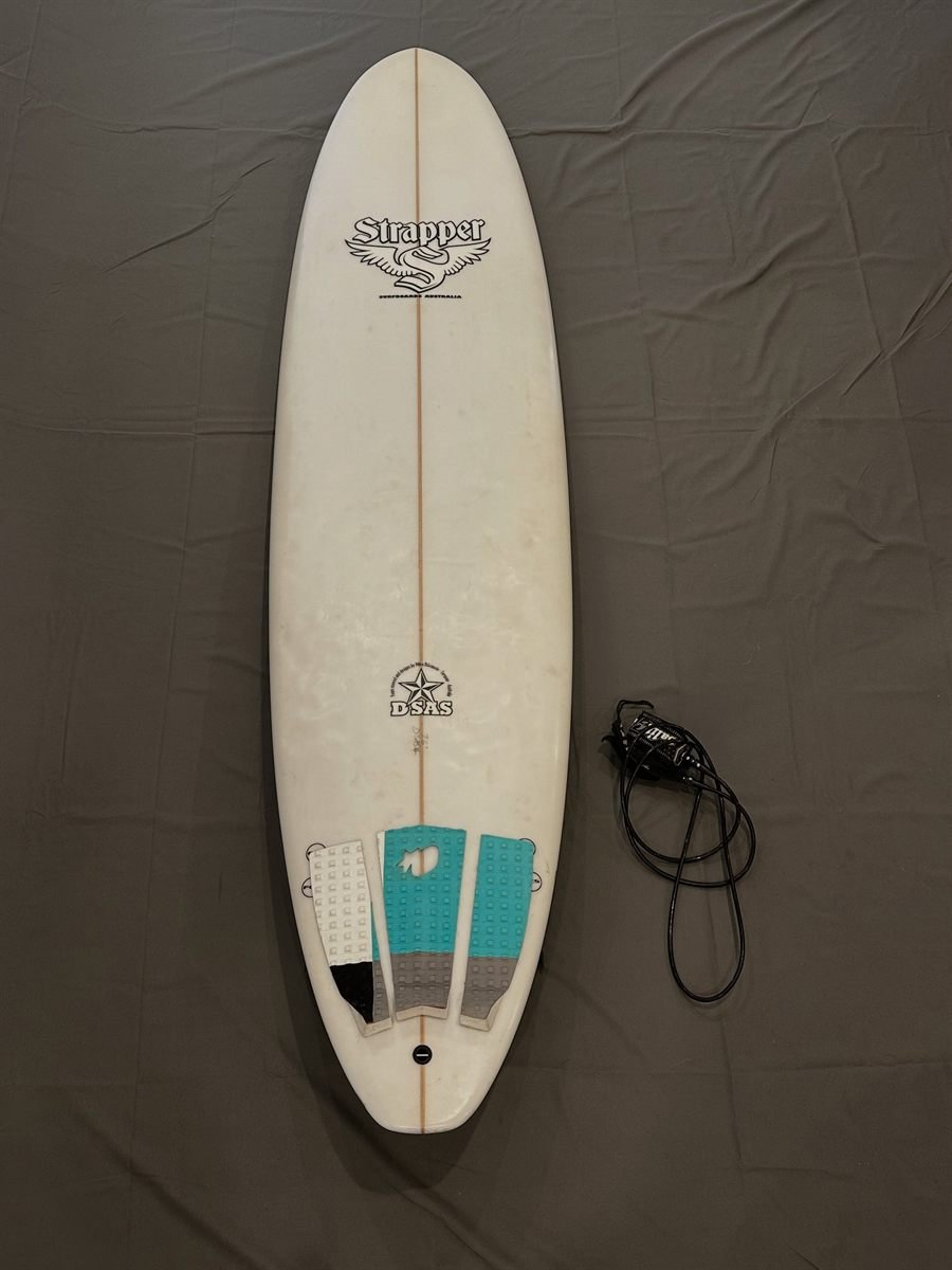 Strapper 7 foot 6 longboard with teal rails available to hire from Lineup Supply Ocean Grove